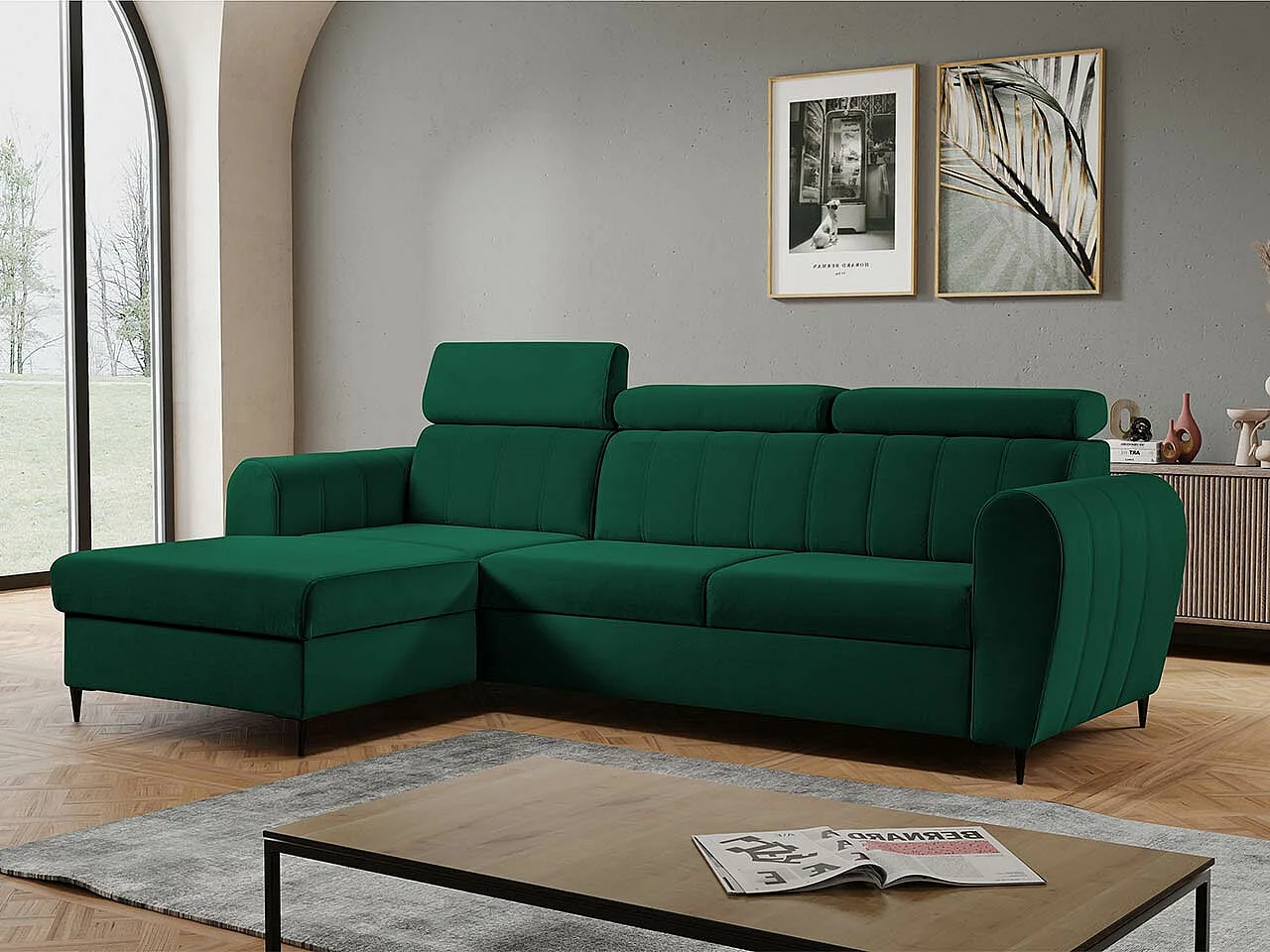 Sofá rinconero Temple 126, Verde, Función de descanso, Almacenaje, 262x175x90cm