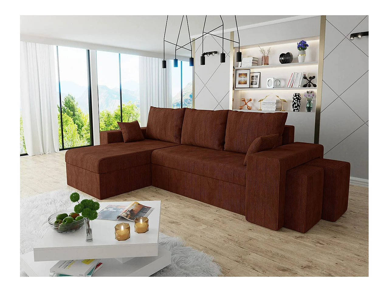Canapé d'angle Memphis 138, Marron, Fonction de couchage, Boîte de literie, 256x139x80cm