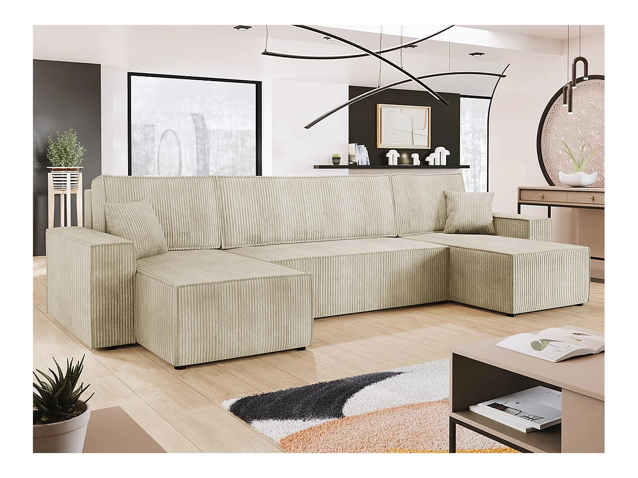 Canapé d'angle Shelton 101, Brun clair, Fonction de couchage, Boîte de literie, 312x145cm