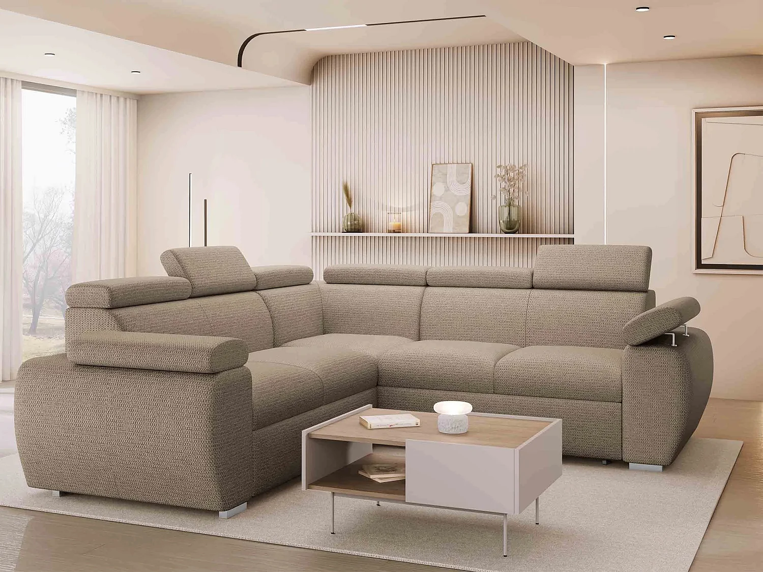 Canapé d'angle Columbus 215, Brun clair, Disponible, 260x260x85cm