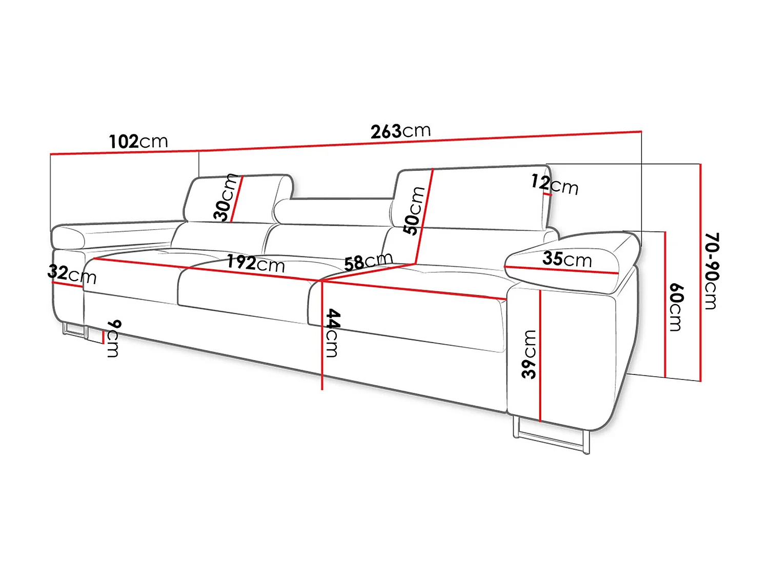 Sofá Comfivo Eliferu 104, Gris, 263x102x70cm, Cuero ecológico + Tapiz, Patas: Metal