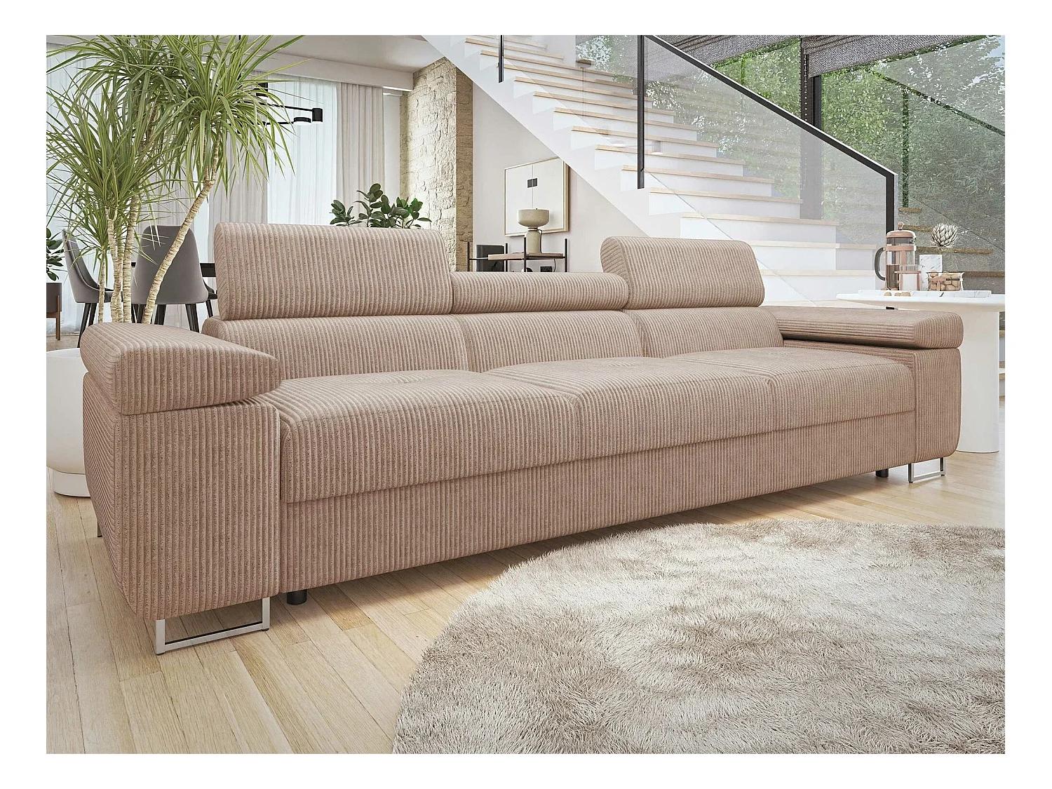 Sofá Comfivo Eliferu 104, De color marrón claro, 263x102x70cm, Tapiz, Patas: Metal