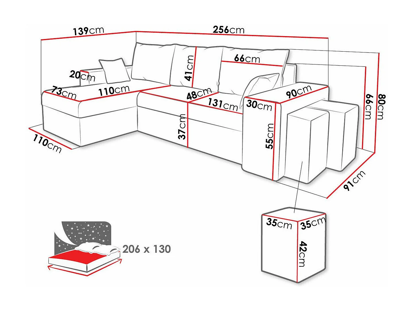 Canapé d'angle Memphis 138, Noir, Fonction de couchage, Boîte de literie, 256x139x80cm