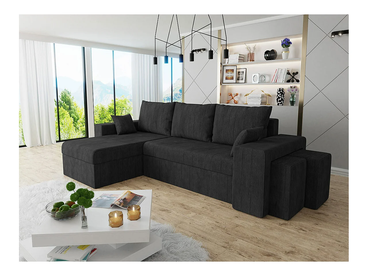 Canapé d'angle Memphis 138, Noir, Fonction de couchage, Boîte de literie, 256x139x80cm