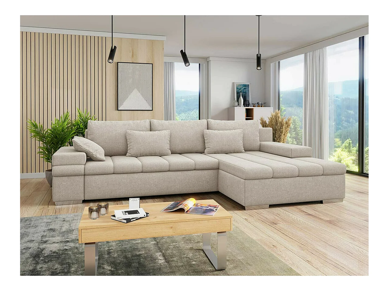Canapé d'angle Comfivo 169, Brun clair, Fonction de couchage, Boîte de literie, 310x175cm
