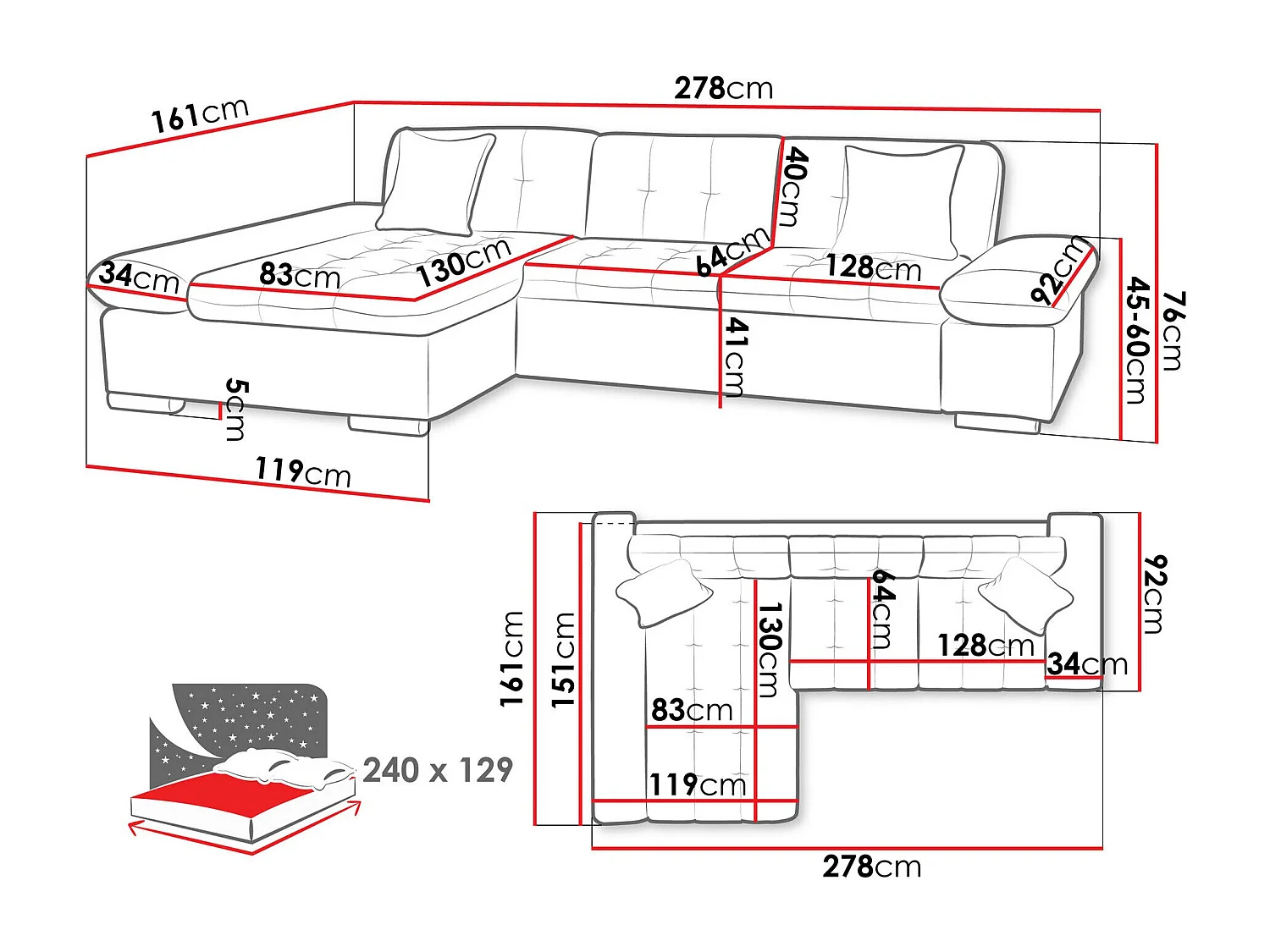 Canapé d'angle convertible 3 places en tissu brun 278x161x76 cm