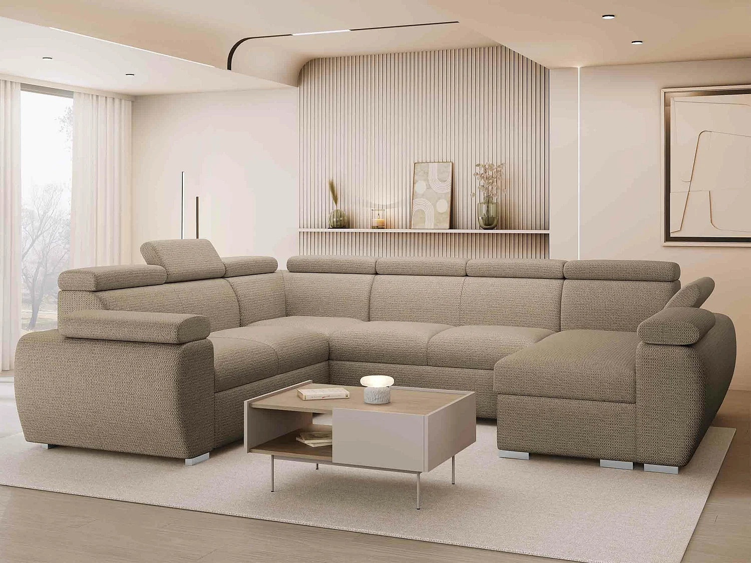 Canapé d'angle Columbus 214, Brun clair, Disponible, 325x260x85cm