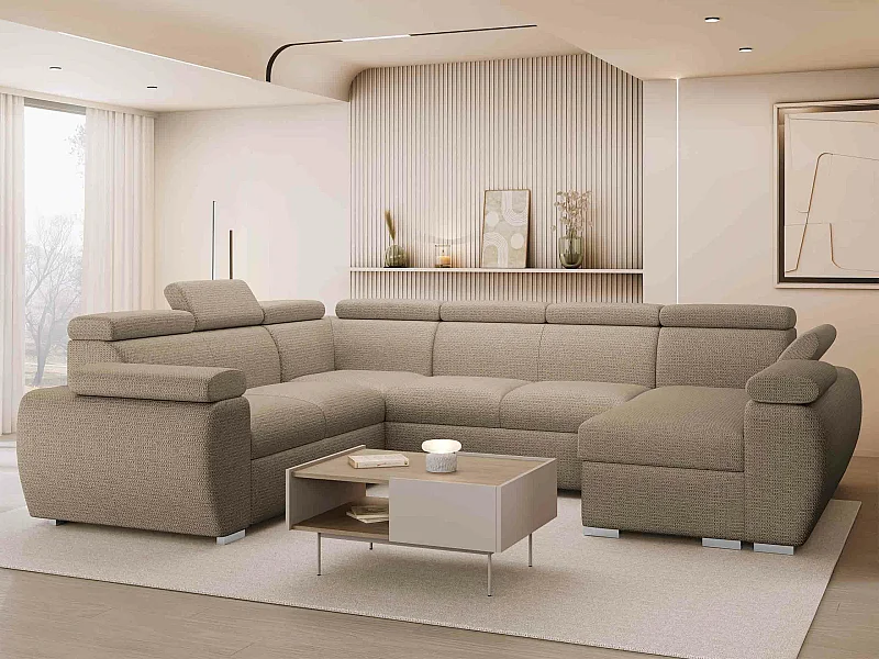 Sofá rinconero Columbus 214, De color marrón claro, Función de descanso, Almacenaje, 85cm