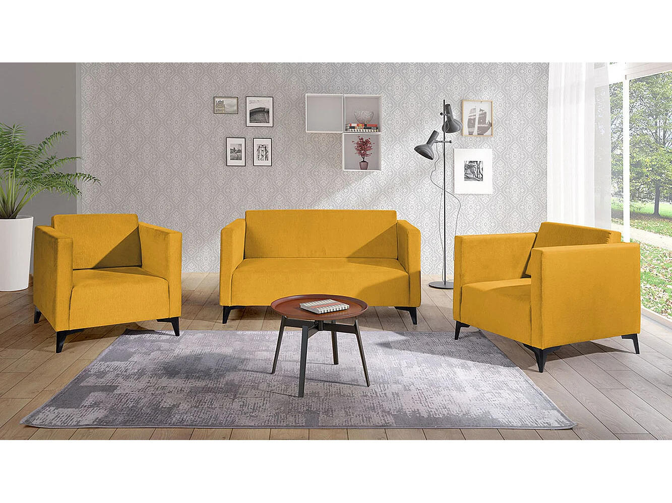 Canapé Virmore 101, Jaune, 136x82x74cm, Tapisserie, Pieds: Plastique