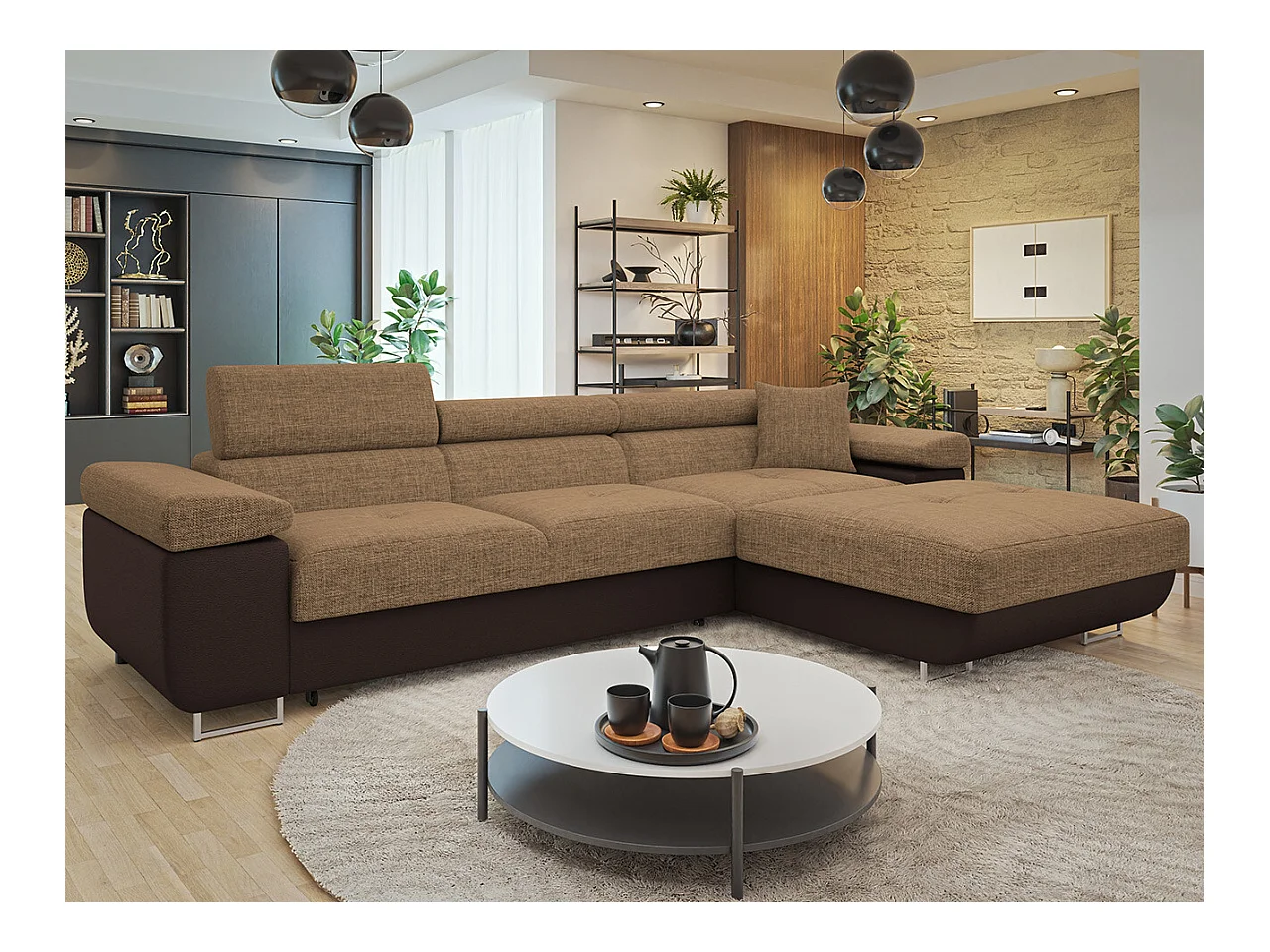 Canapé d'angle Comfivo Eliferu 102, Marron, Fonction de couchage, Boîte de literie, 280cm