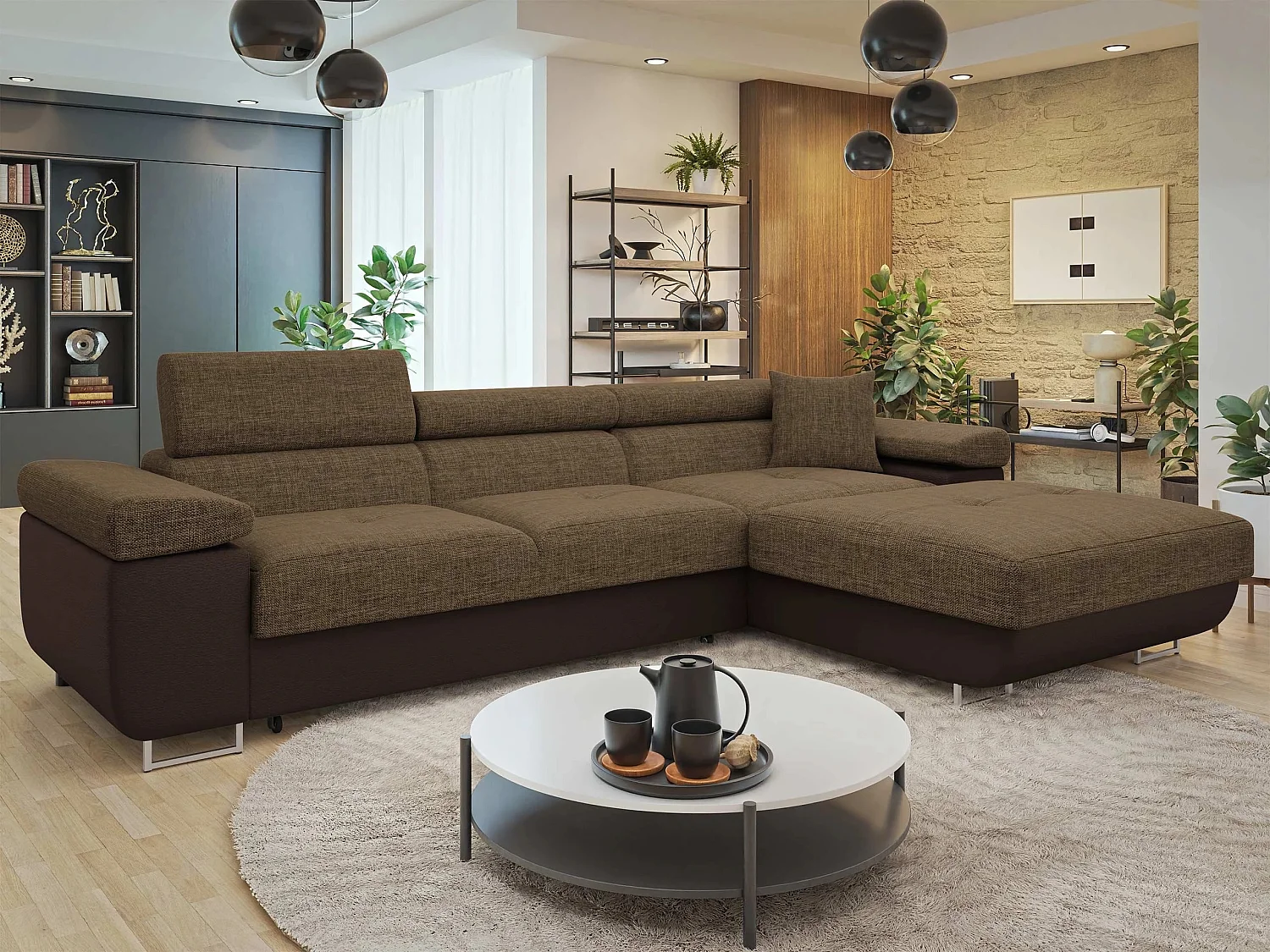 Sofá rinconero Comfivo Vinetum II, Marrón, Función de descanso, Almacenaje, 280x170x70cm