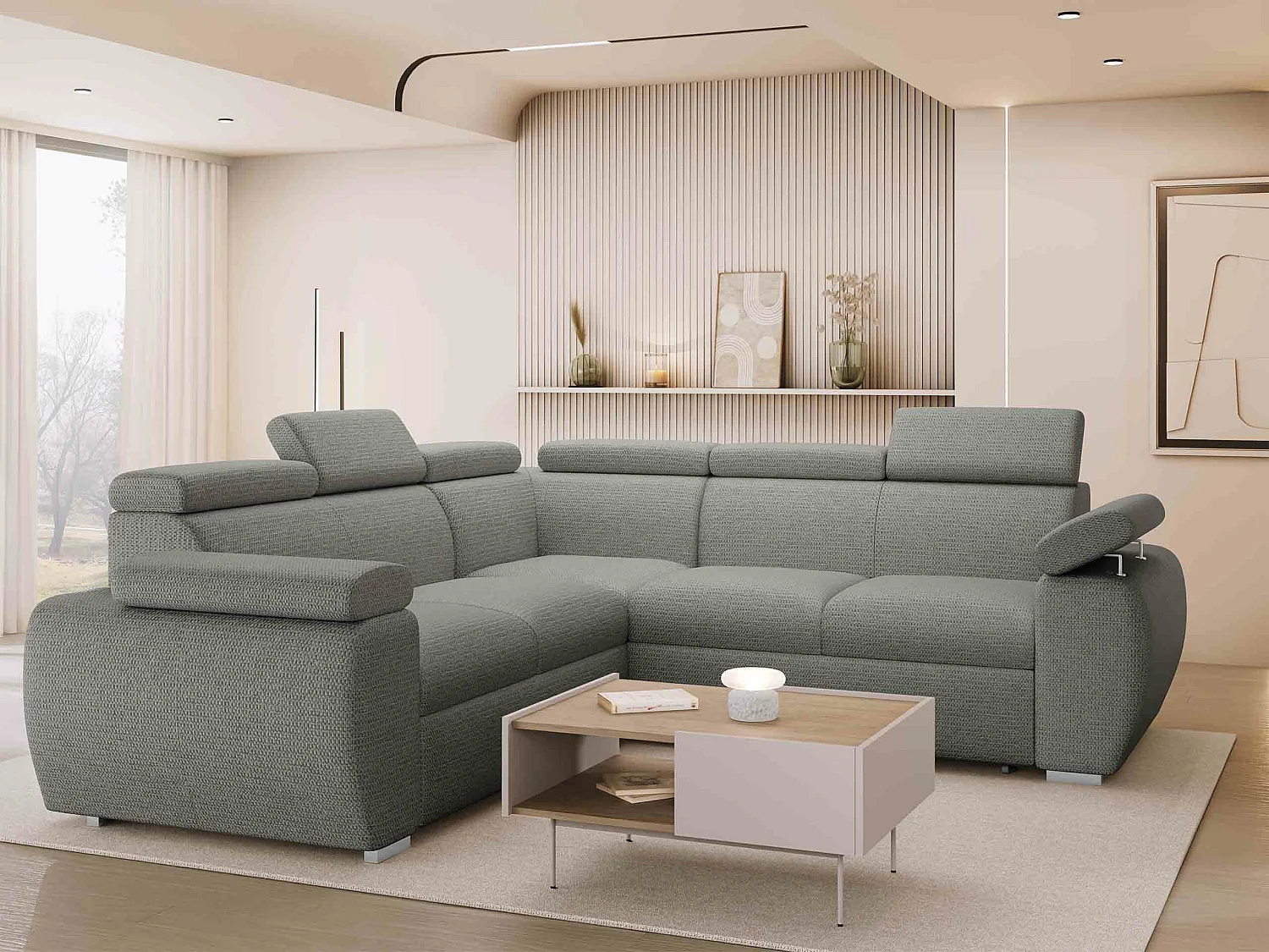 Canapé d'angle Columbus 215, Gris, Disponible, 260x260x85cm