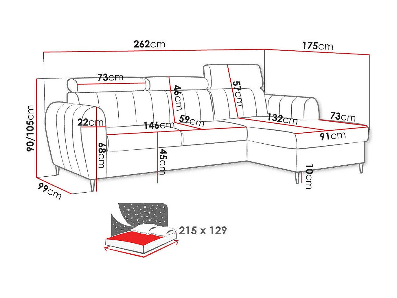 Canapé d'angle Temple 126, Gris, Disponible, 262x175x90cm