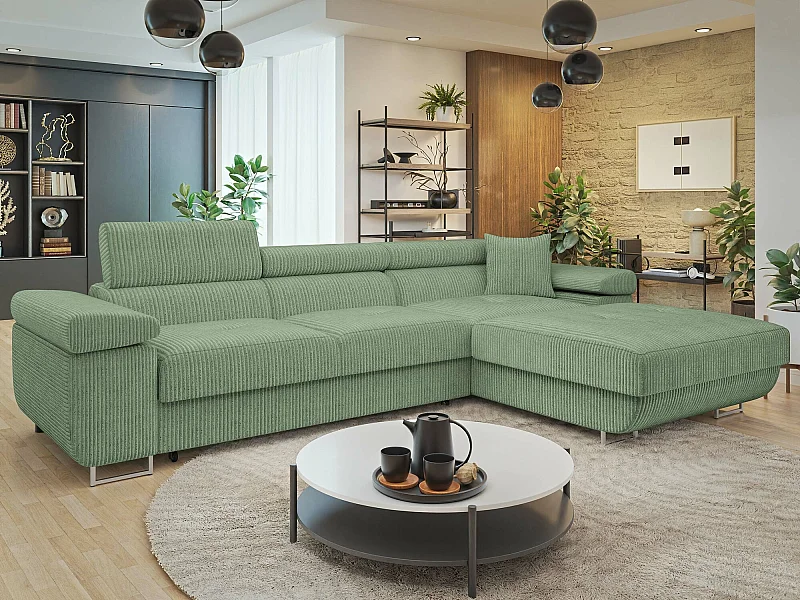 Sofá rinconero Comfivo Eliferu 102, Verde, Función de descanso, Almacenaje, 280x170x70cm