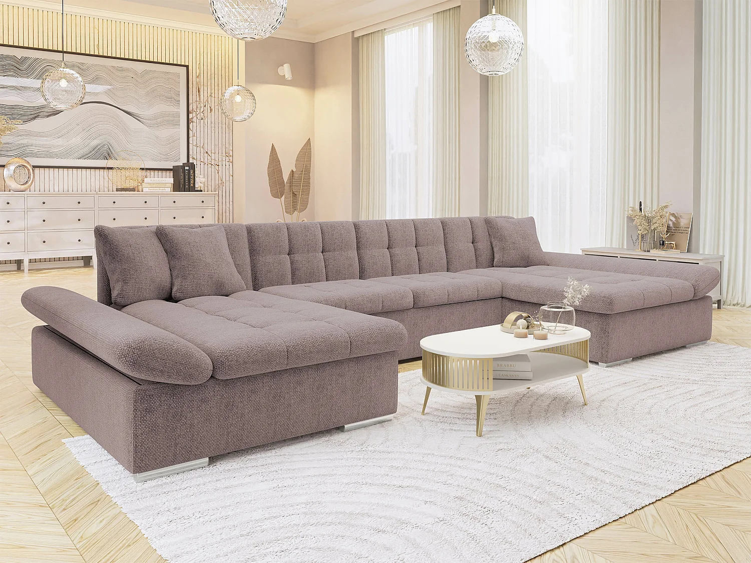 Sofá rinconero Comfivo 240, De color marrón claro, Función de descanso, Almacenaje, 360cm