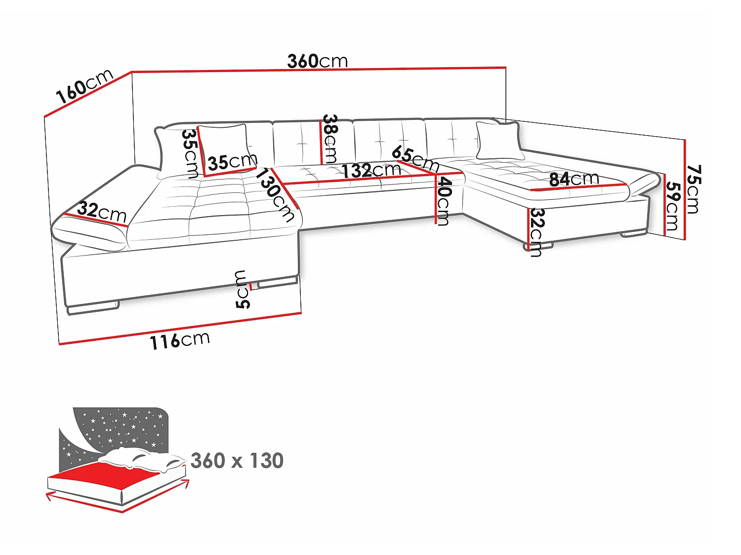 Canapé d'angle convertible 3 places en tissu brun 360x160x75 cm