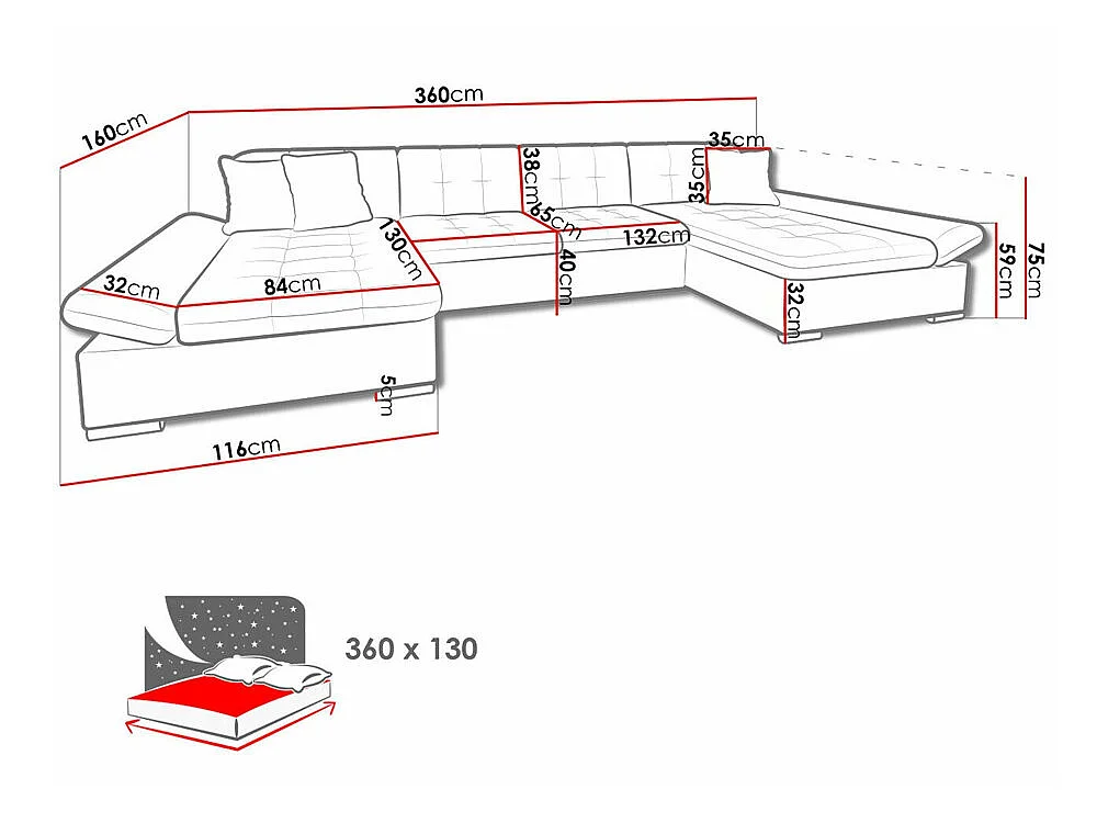 Canapé d'angle convertible 3 places en tissu brun 360x160x75 cm