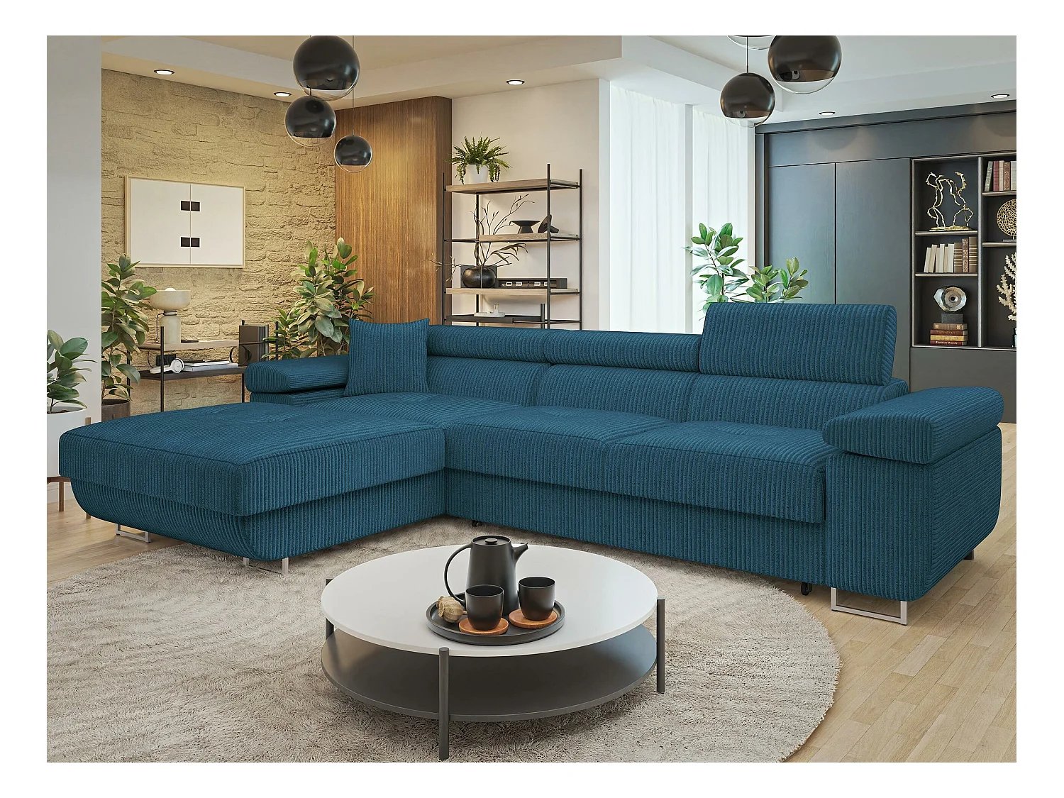 Canapé d'angle Comfivo Eliferu 102, Bleu, Fonction de couchage, Boîte de literie, 280cm