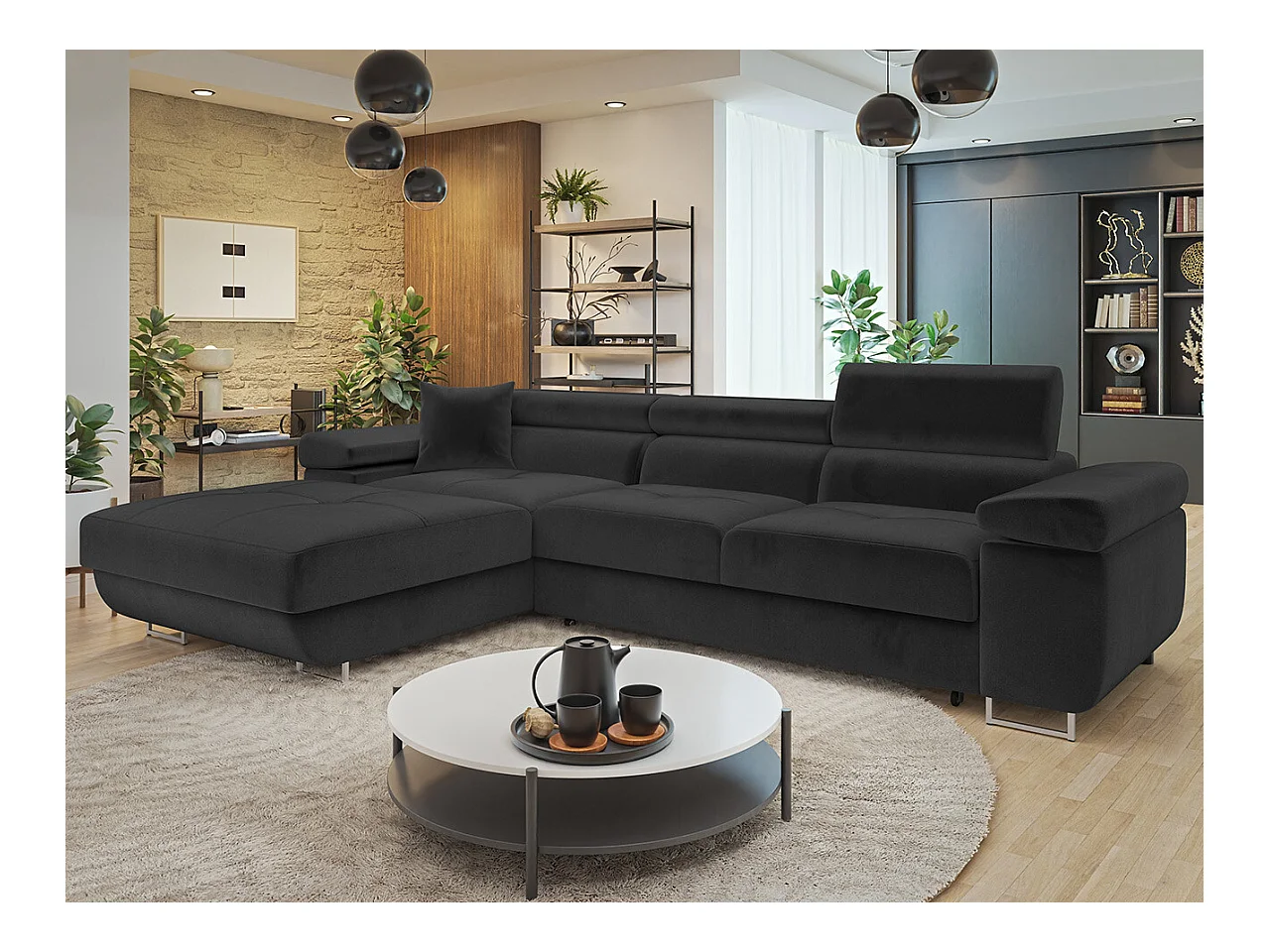 Canapé d'angle Comfivo Eliferu 102, Gris, Fonction de couchage, Boîte de literie, 280cm