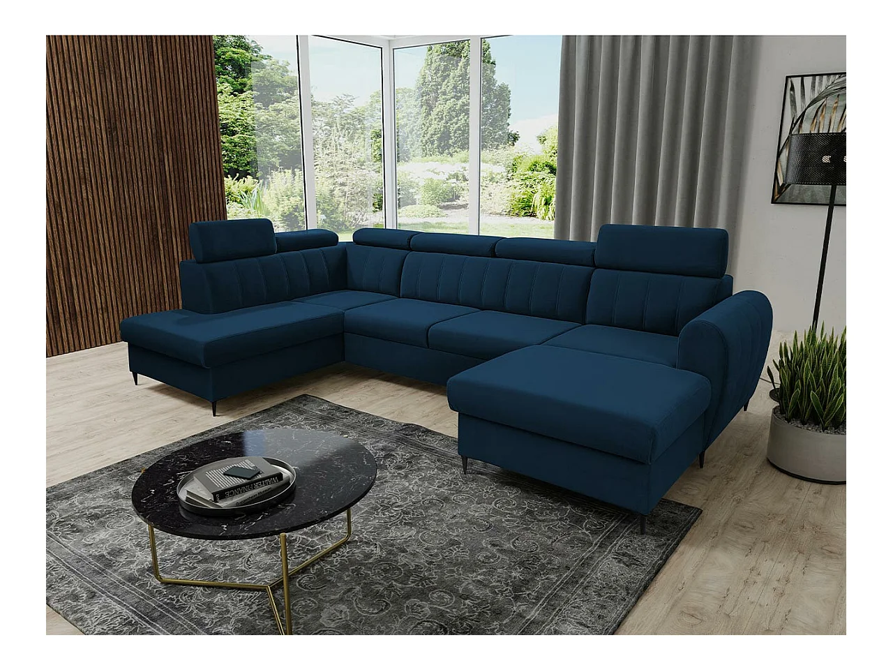 Canapé d'angle Temple 128, Bleu, Fonction de couchage, Boîte de literie, 355x200x90cm