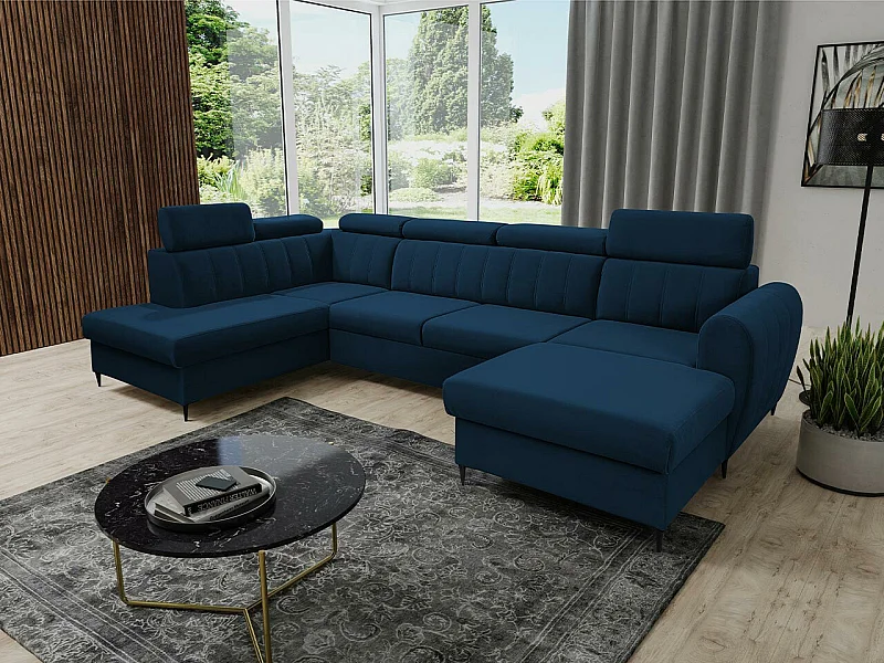 Sofá rinconero Temple 128, Azul, Función de descanso, Almacenaje, 355x200x90cm