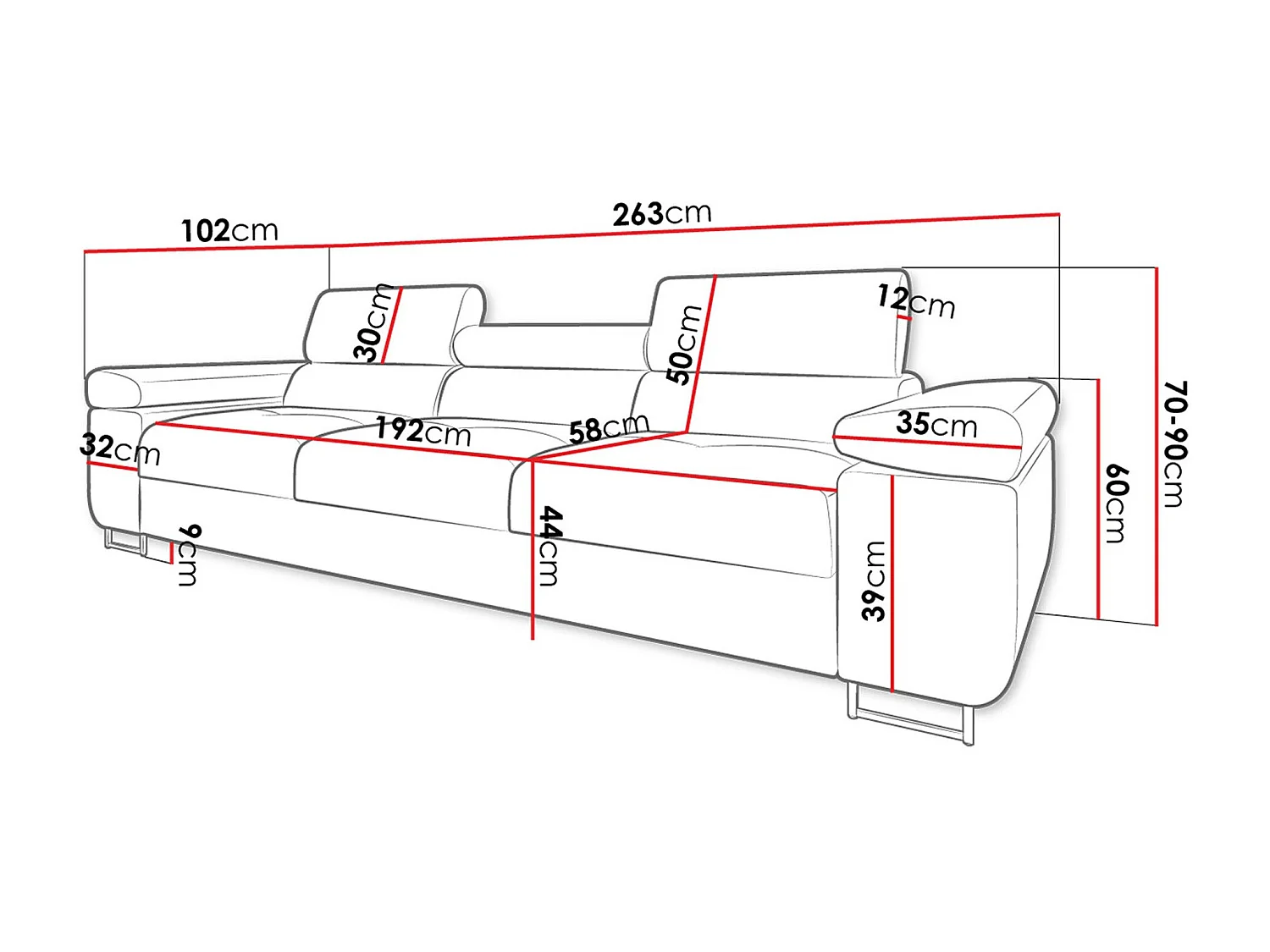 Sofá Comfivo Eliferu 104, Negro, 263x102x70cm, Tapiz, Patas: Metal