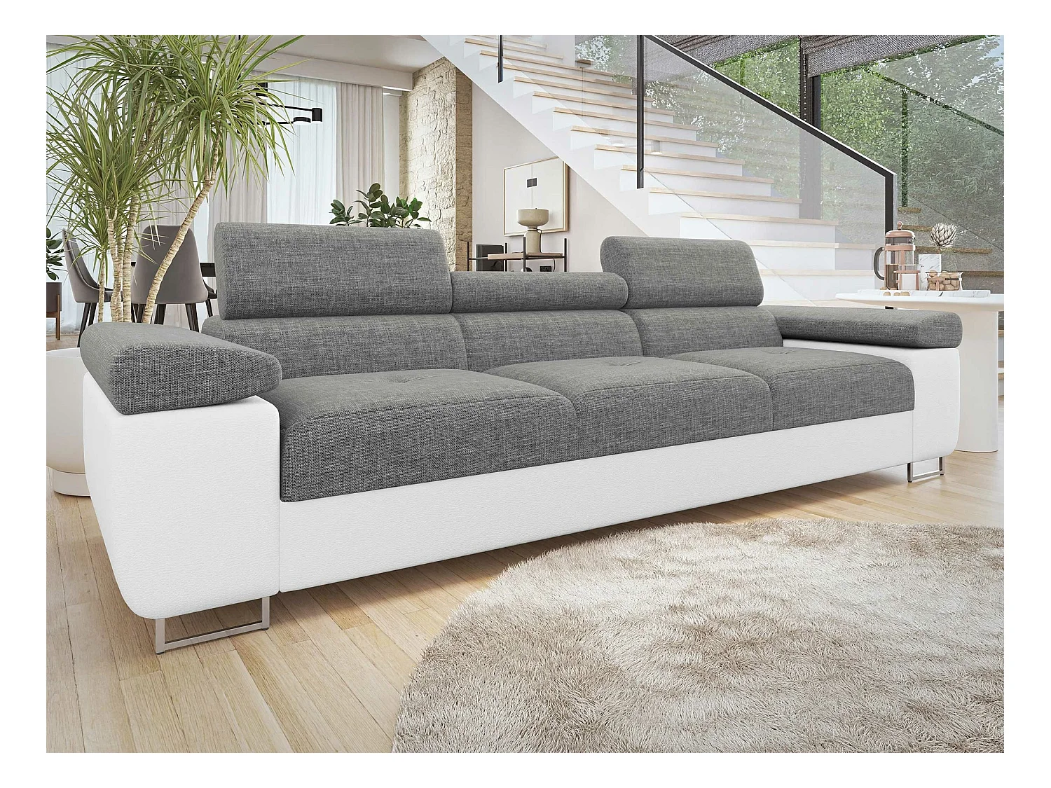 Canapé Comfivo Eliferu 104, Gris, 263x102x70cm, Faux cuir + Tapisserie, Pieds: Métal