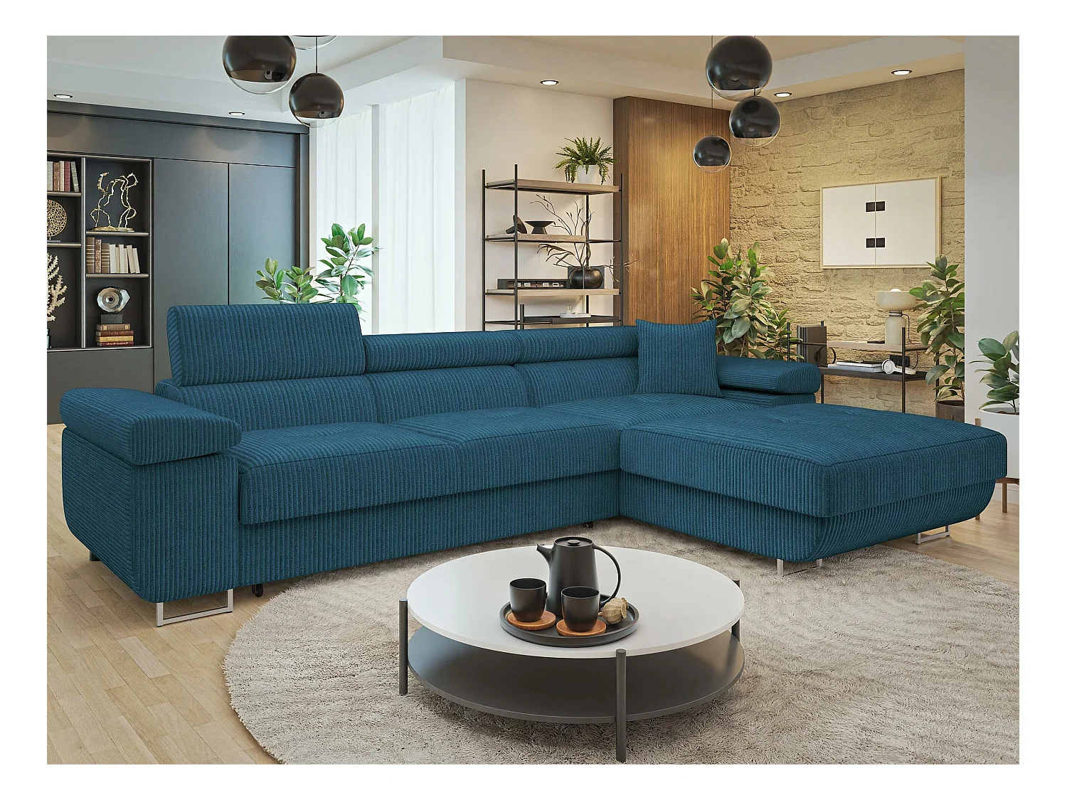 Canapé d'angle Comfivo Eliferu 102, Bleu, Fonction de couchage, Boîte de literie, 280cm
