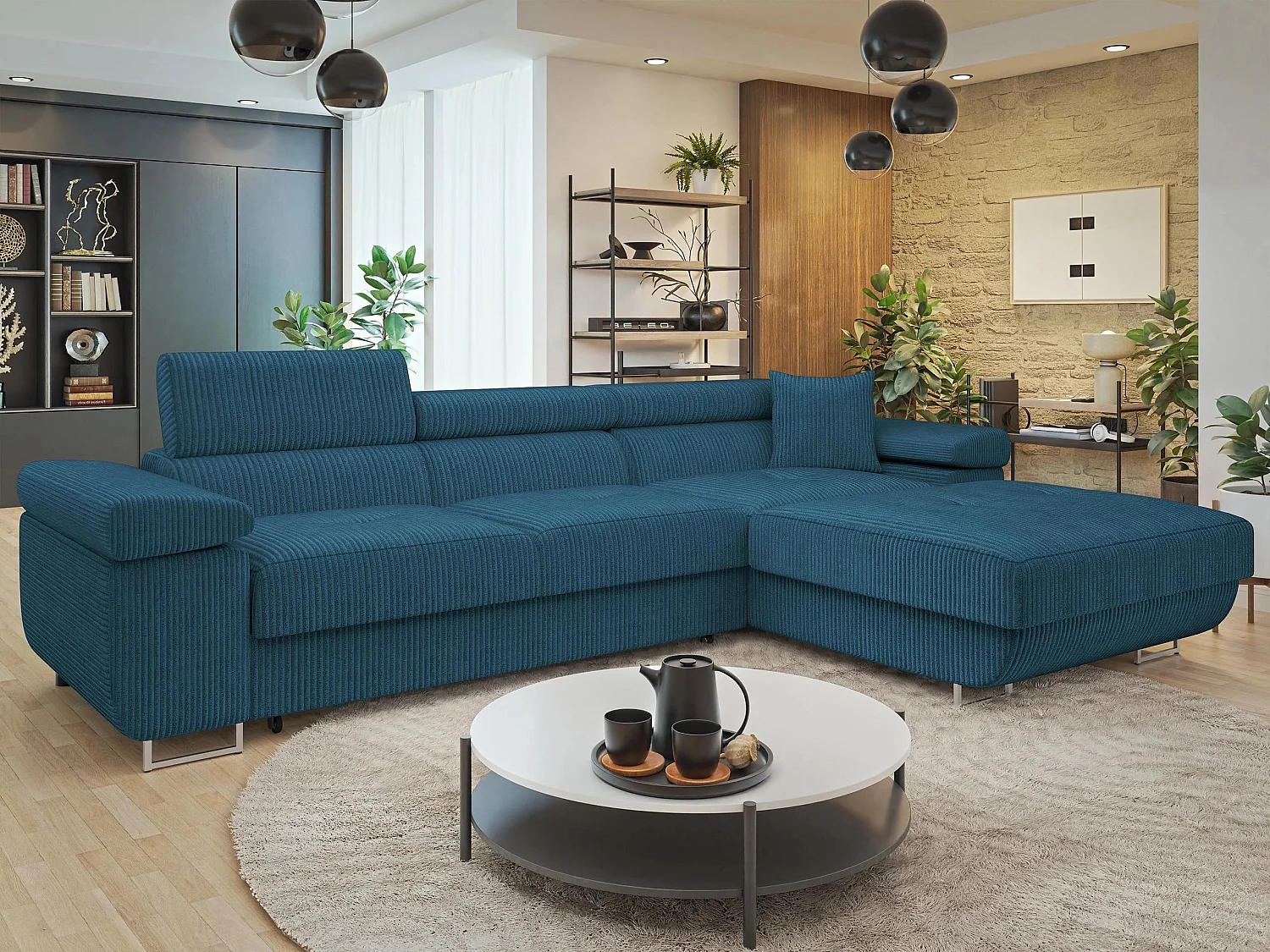 Sofá rinconero Comfivo Vinetum II, Azul, Función de descanso, Almacenaje, 280x170x70cm