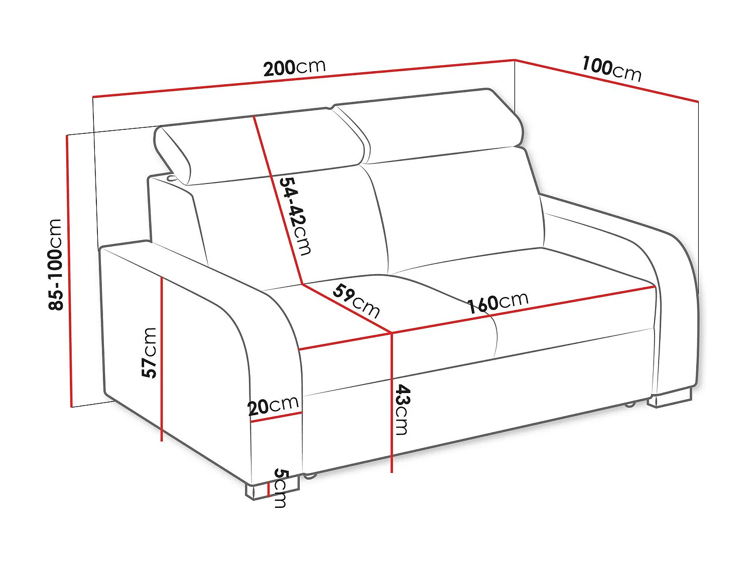 Canapé Etrcala 102, Gris, 200x100x85cm, Tissu, Pieds: Plastique|Bois