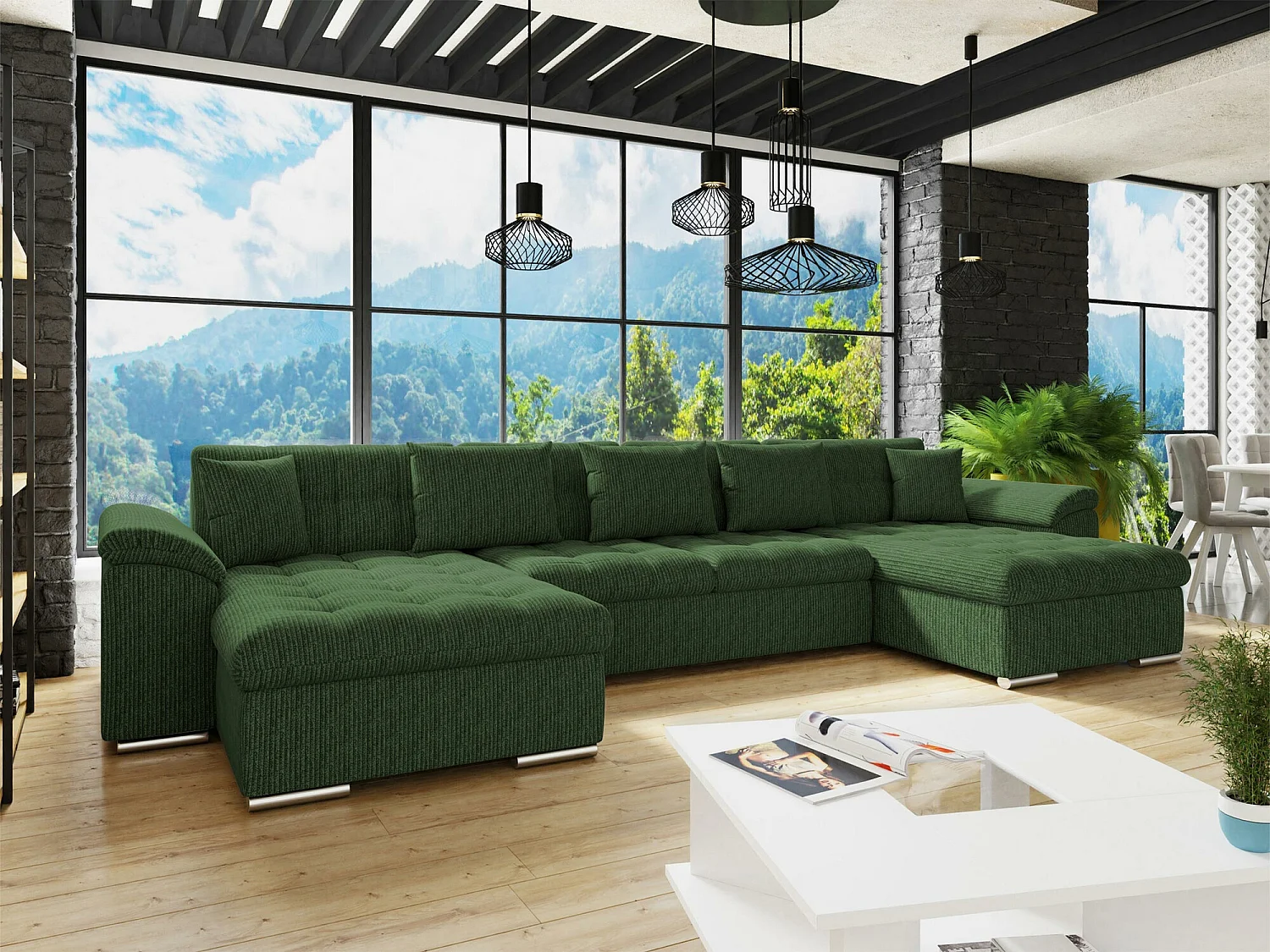 Canapé d'angle Comfivo 359, Vert, Fonction de couchage, 375x155x76cm