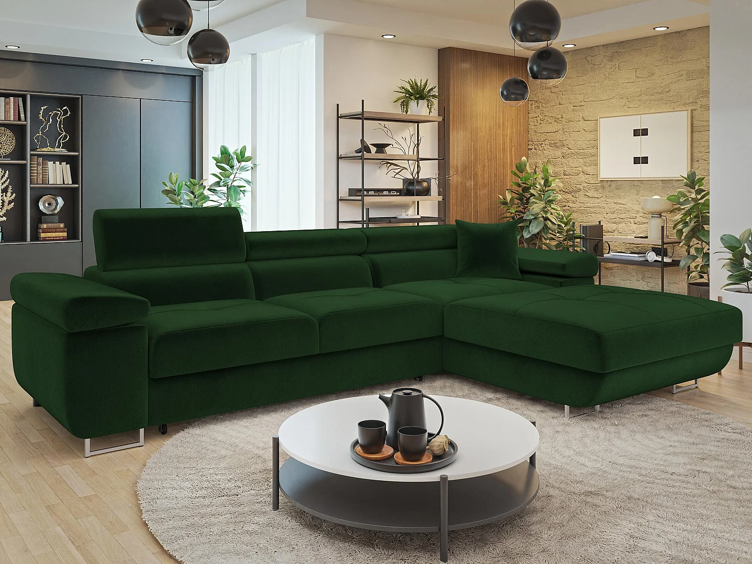 Sofá rinconero Comfivo Vinetum II, Verde, Función de descanso, Almacenaje, 280x170x70cm