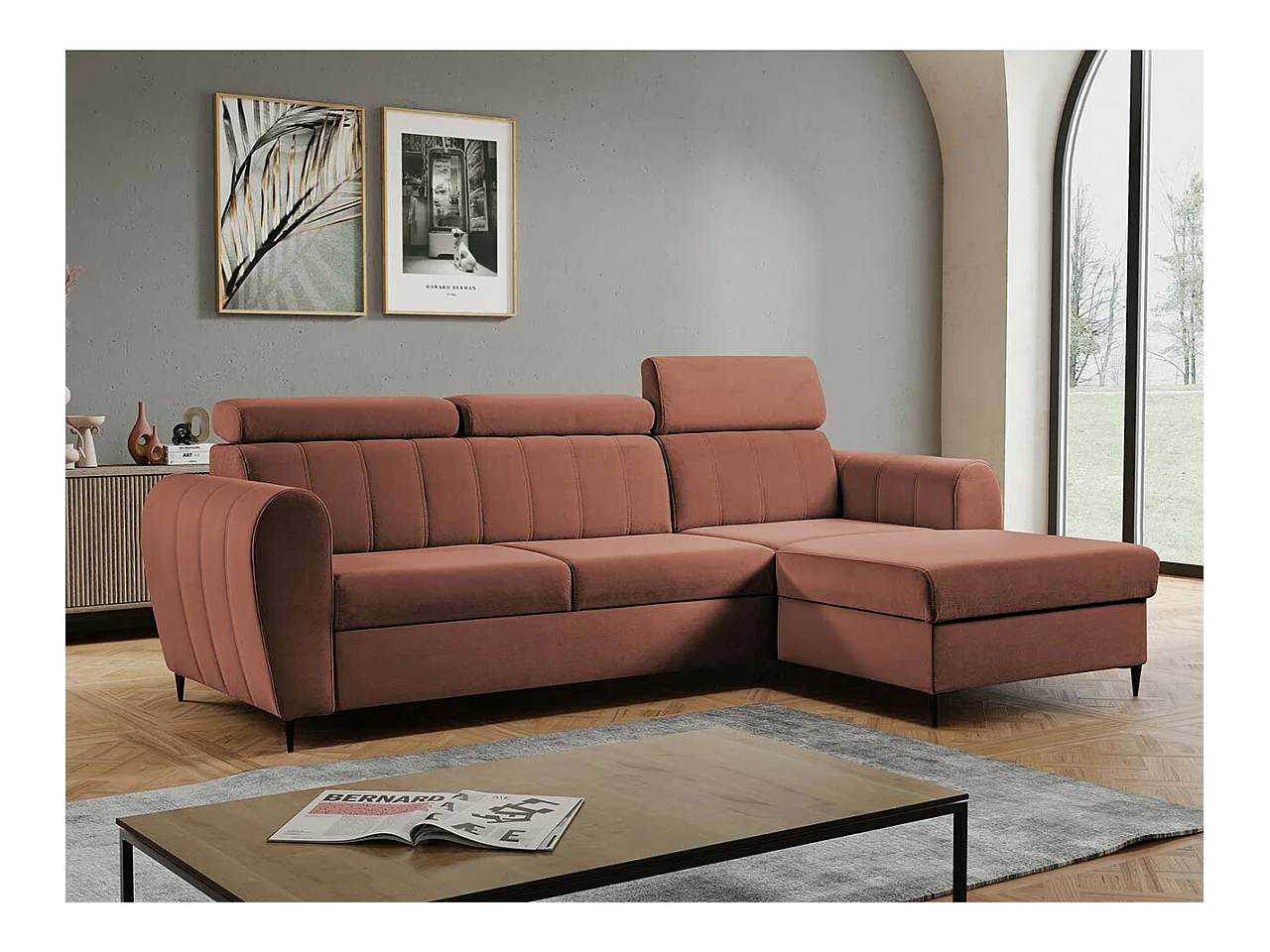 Canapé d'angle Temple 126, Rose, Fonction de couchage, Boîte de literie, 262x175x90cm