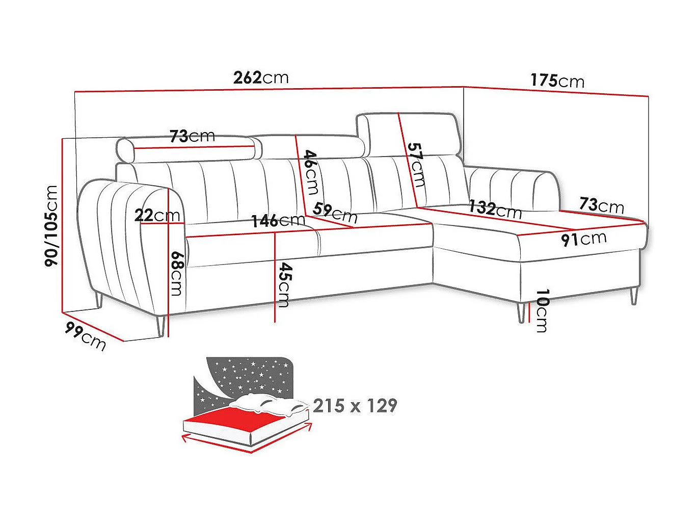 Sofá de canto Temple 126, Rosé, Funcionalidade de dormir, 26x18x9cm