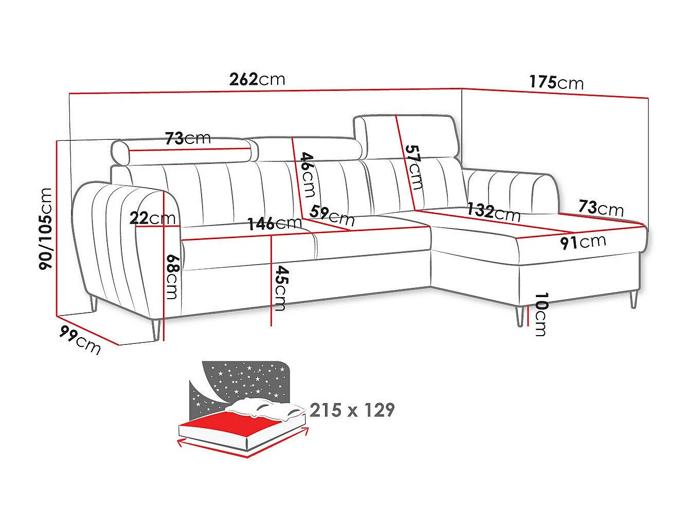 Canapé d'angle convertible 3 places en tissu rose TEMPLE 262x175x90 cm