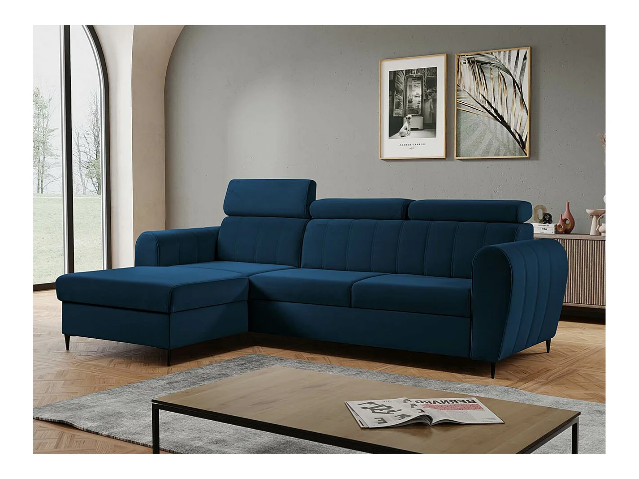Canapé d'angle Temple 126, Bleu, Fonction de couchage, Boîte de literie, 262x175x90cm