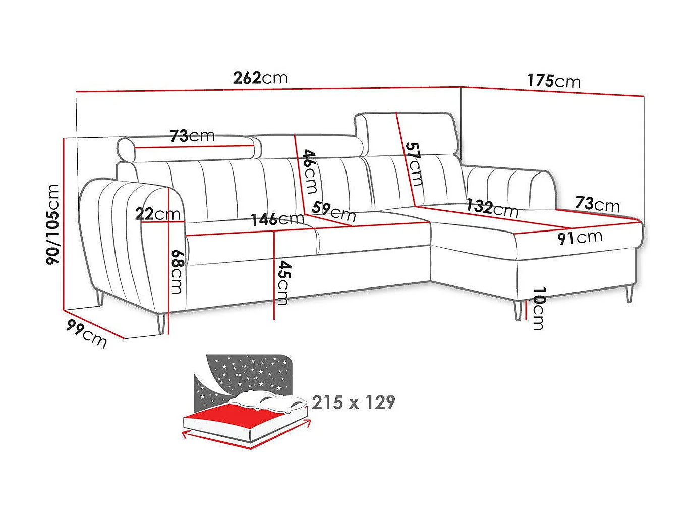 Sofá rinconero Temple 126, Azul, Función de descanso, Almacenaje, 262x175x90cm