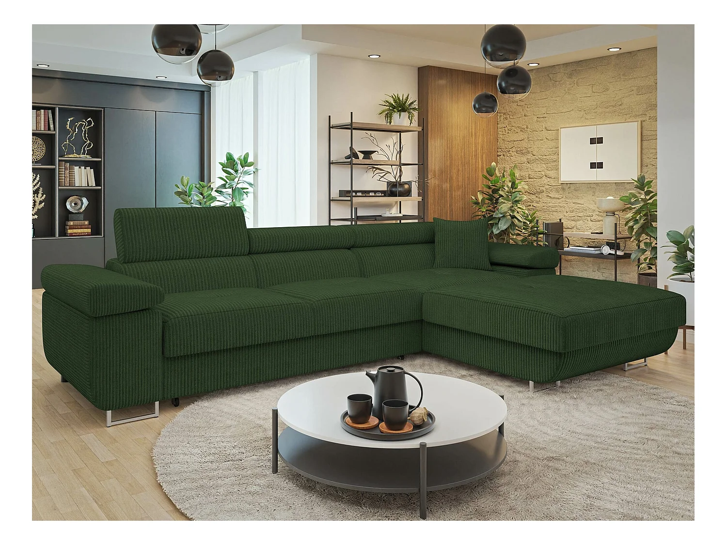 Canapé d'angle Comfivo Eliferu 102, Vert, Fonction de couchage, Boîte de literie, 280cm