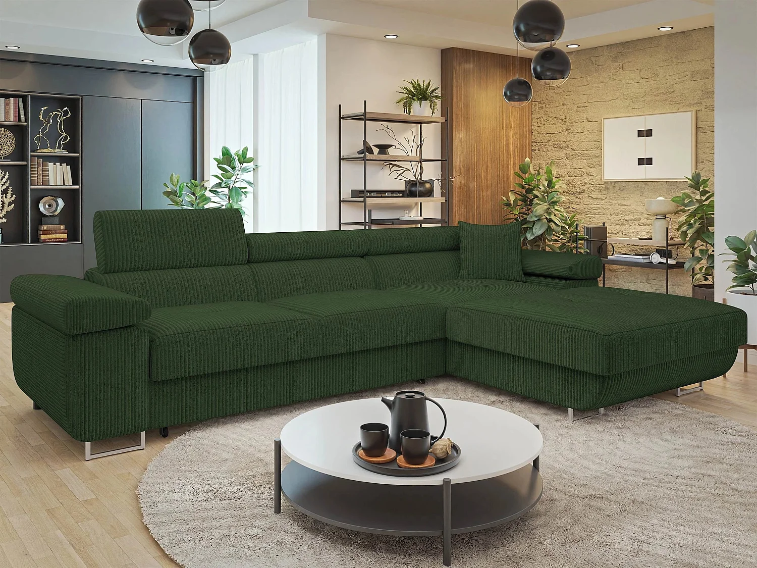 Sofá rinconero Comfivo Vinetum II, Verde, Función de descanso, Almacenaje, 280x170x70cm
