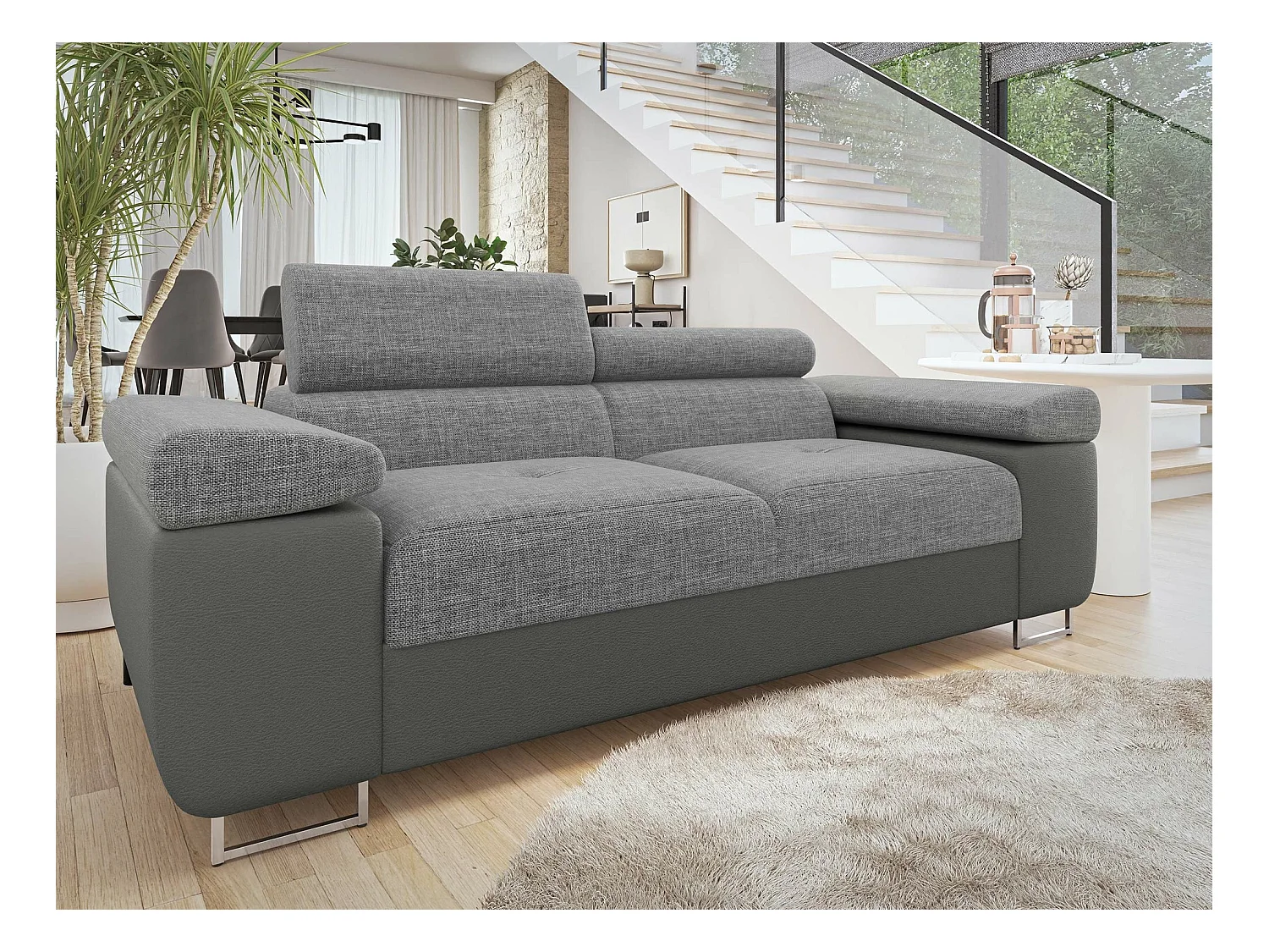 Canapé Comfivo Eliferu 105, Gris, 198x102x70cm, Faux cuir + Tapisserie, Pieds: Métal