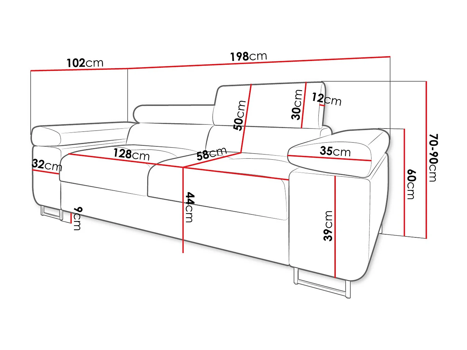 Sofá Comfivo Eliferu 105, Gris, 198x102x70cm, Cuero ecológico + Tapiz, Patas: Metal