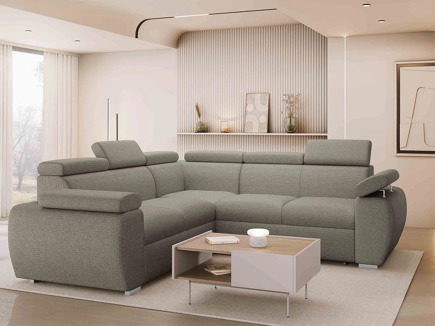 Sofá rinconero Columbus 215, De color marrón claro, Función de descanso, Almacenaje, 85cm