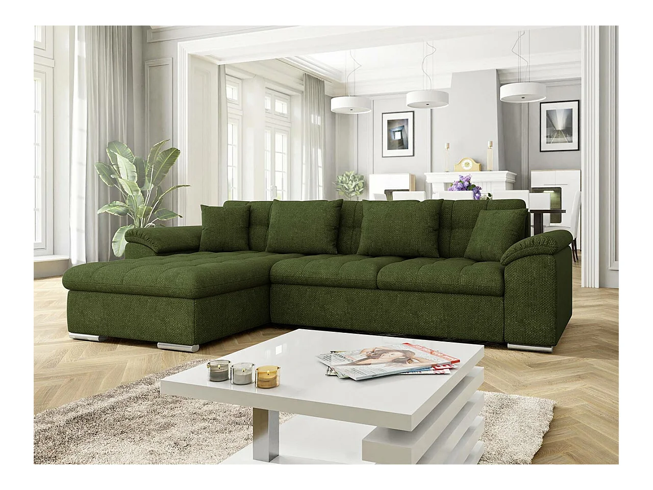 Sofá rinconero Comfivo 181, Verde, Función de descanso, Almacenaje, 280x160x76cm