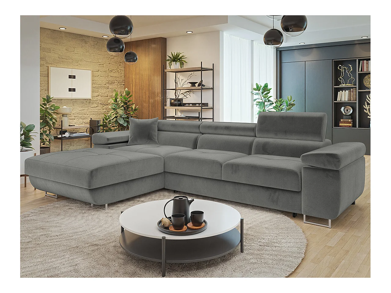 Canapé d'angle Comfivo Eliferu 102, Gris, Fonction de couchage, Boîte de literie, 280cm