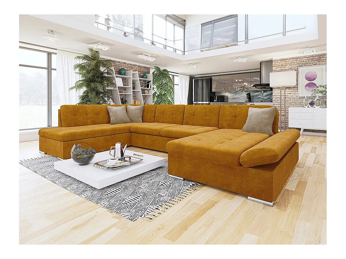Canapé d'angle Comfivo 150, Jaune, Fonction de couchage, Boîte de literie, 345x205x76cm