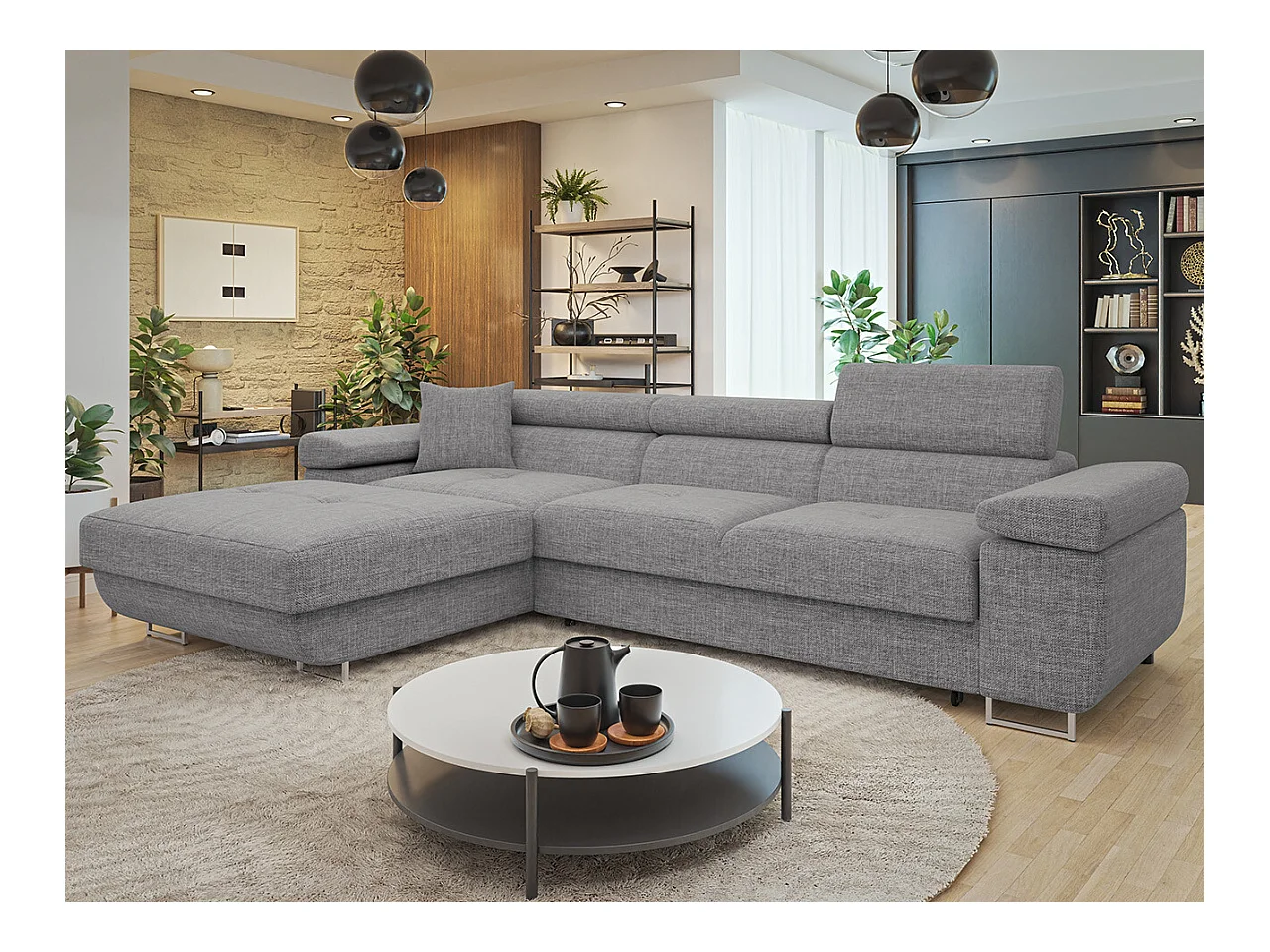 Canapé d'angle Comfivo Eliferu 102, Gris, Fonction de couchage, Boîte de literie, 280cm
