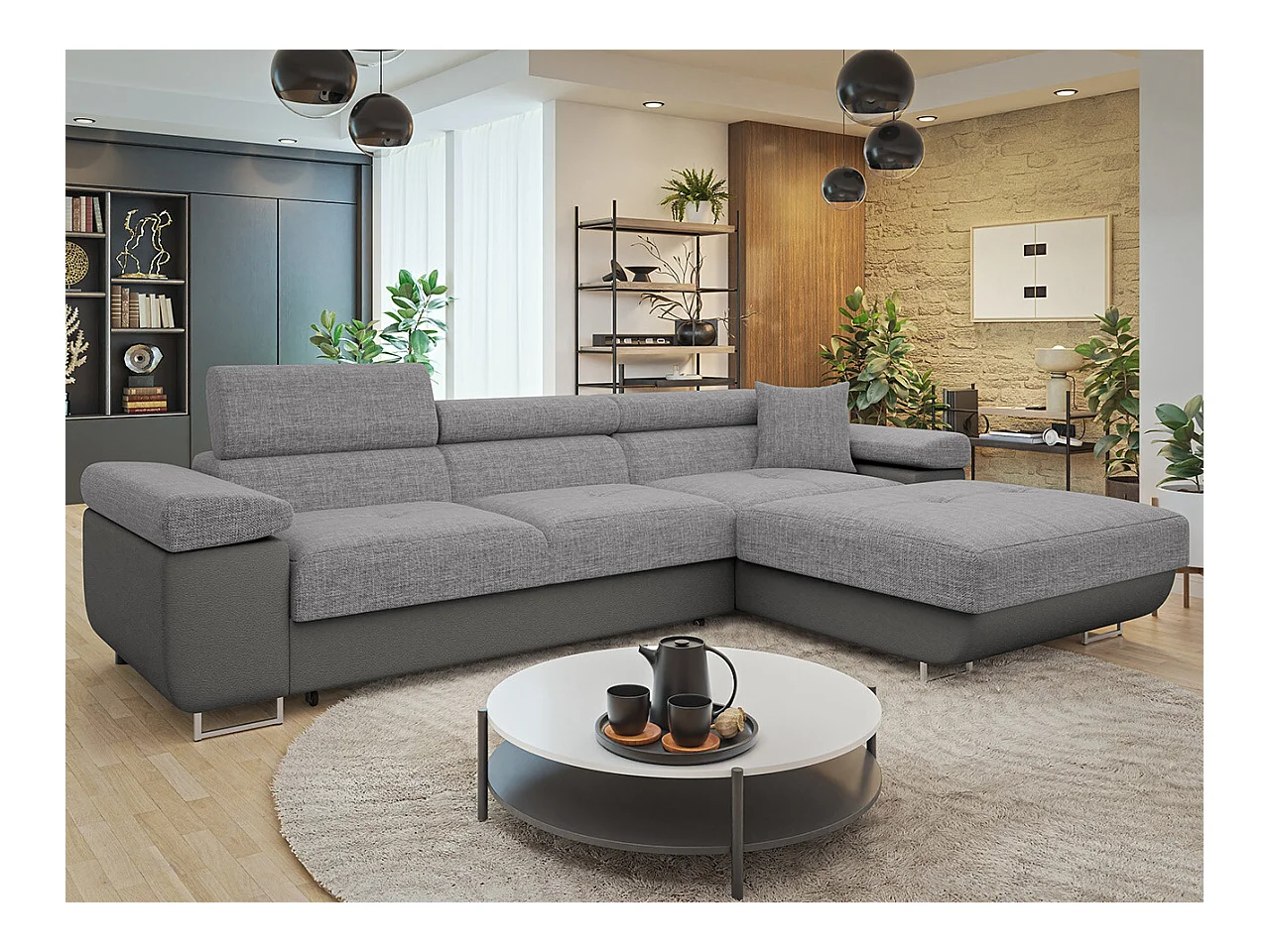 Canapé d'angle Comfivo Eliferu 102, Gris, Fonction de couchage, Boîte de literie, 280cm