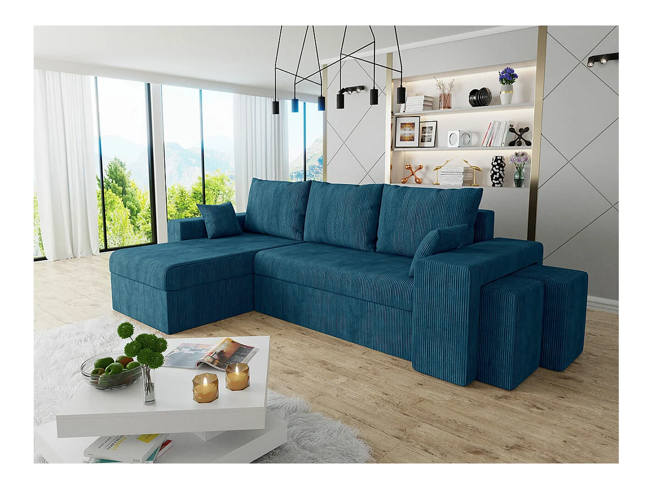 Canapé d'angle Memphis 138, Bleu, Fonction de couchage, Boîte de literie, 256x139x80cm