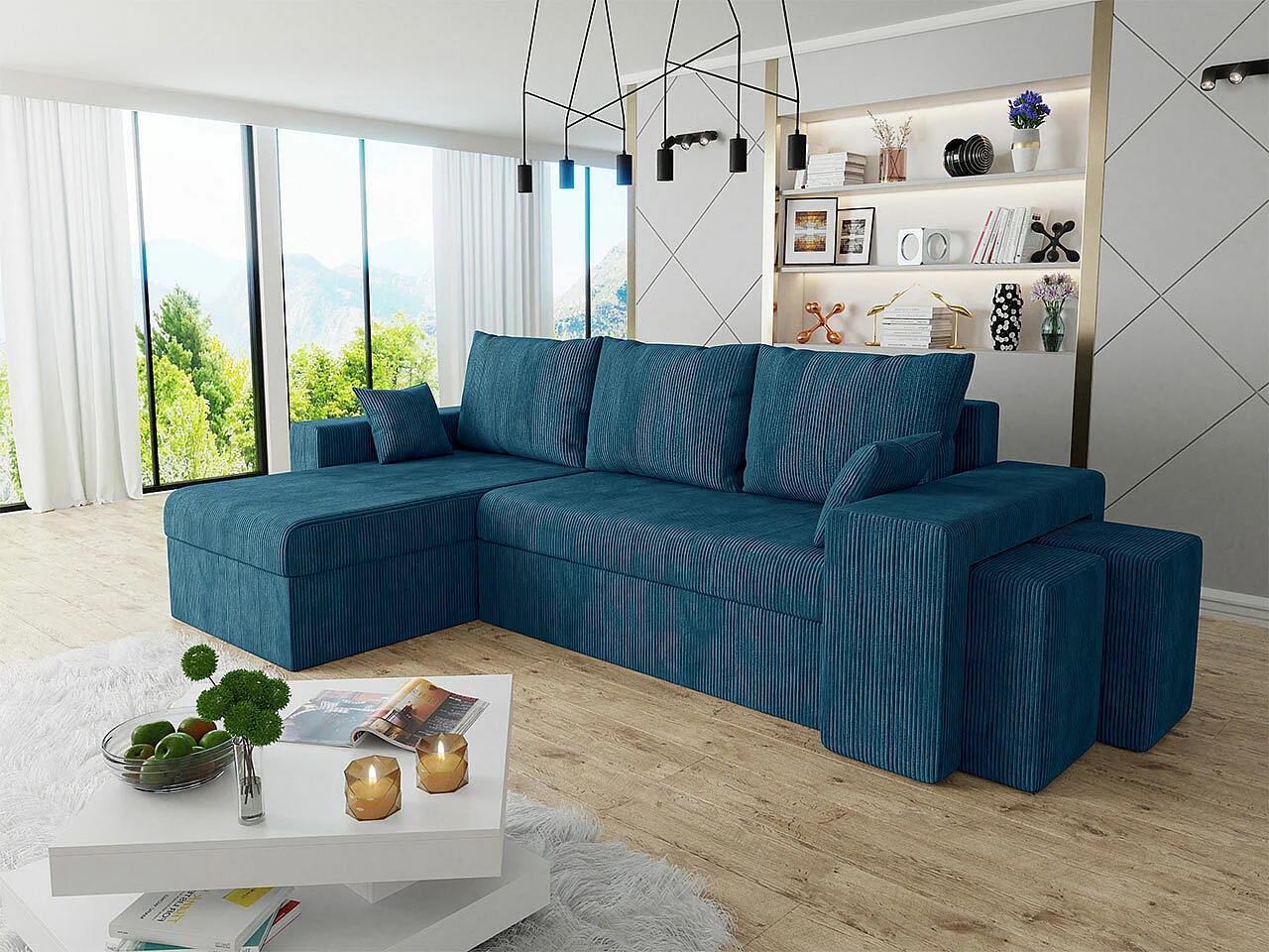 Canapé d'angle Memphis 138, Bleu, Disponible, 256x139x80cm