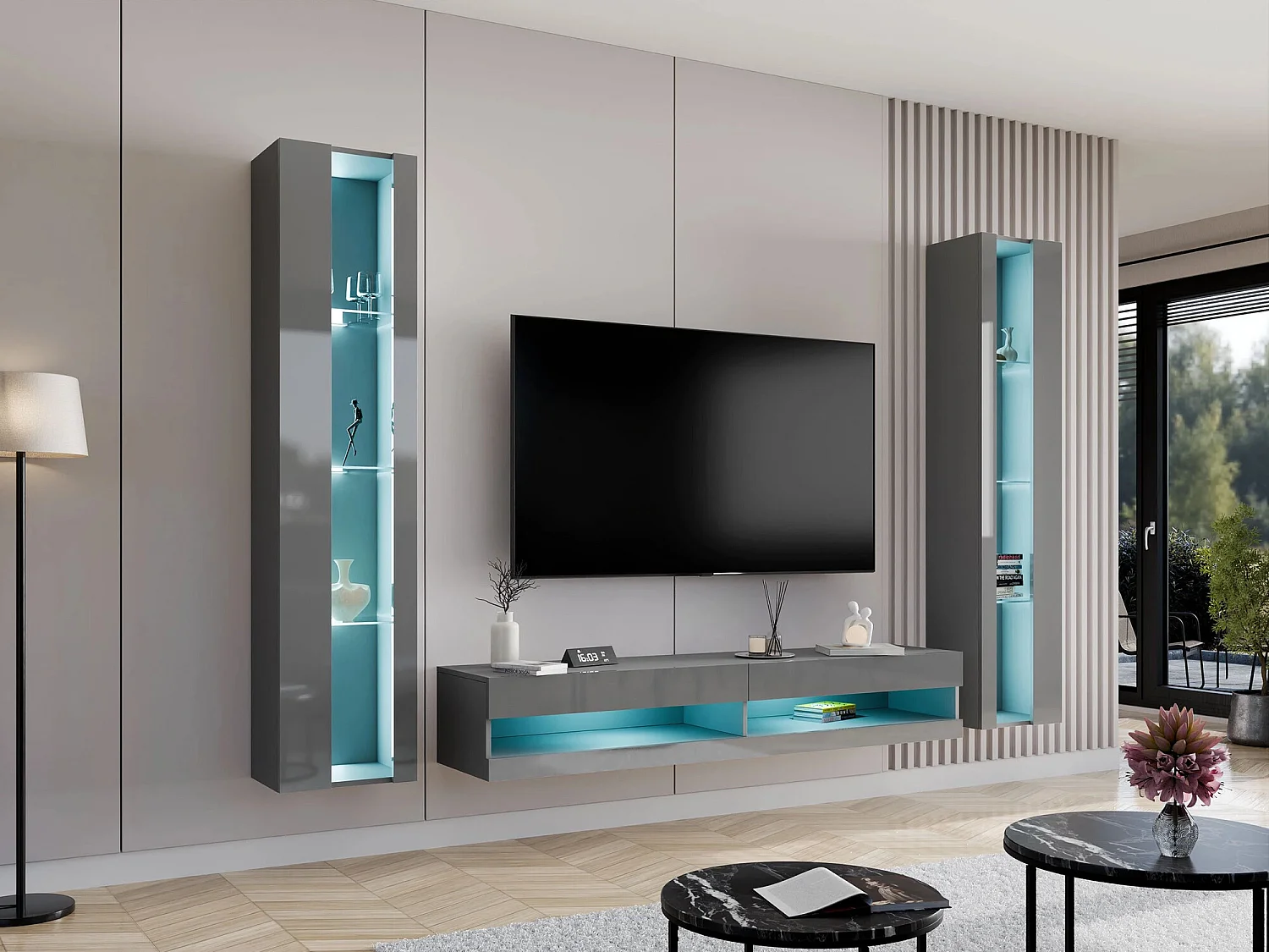 Mueble TV Charlotte A119, Gris brillante|Gris, Número de puertas: 2.00, 180x30x40cm